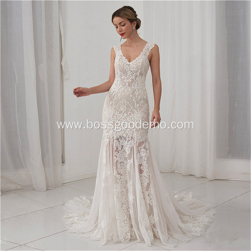 Elegant Vestido De Renda Lace Sleeveless Open Back A Line Bridal Gowns